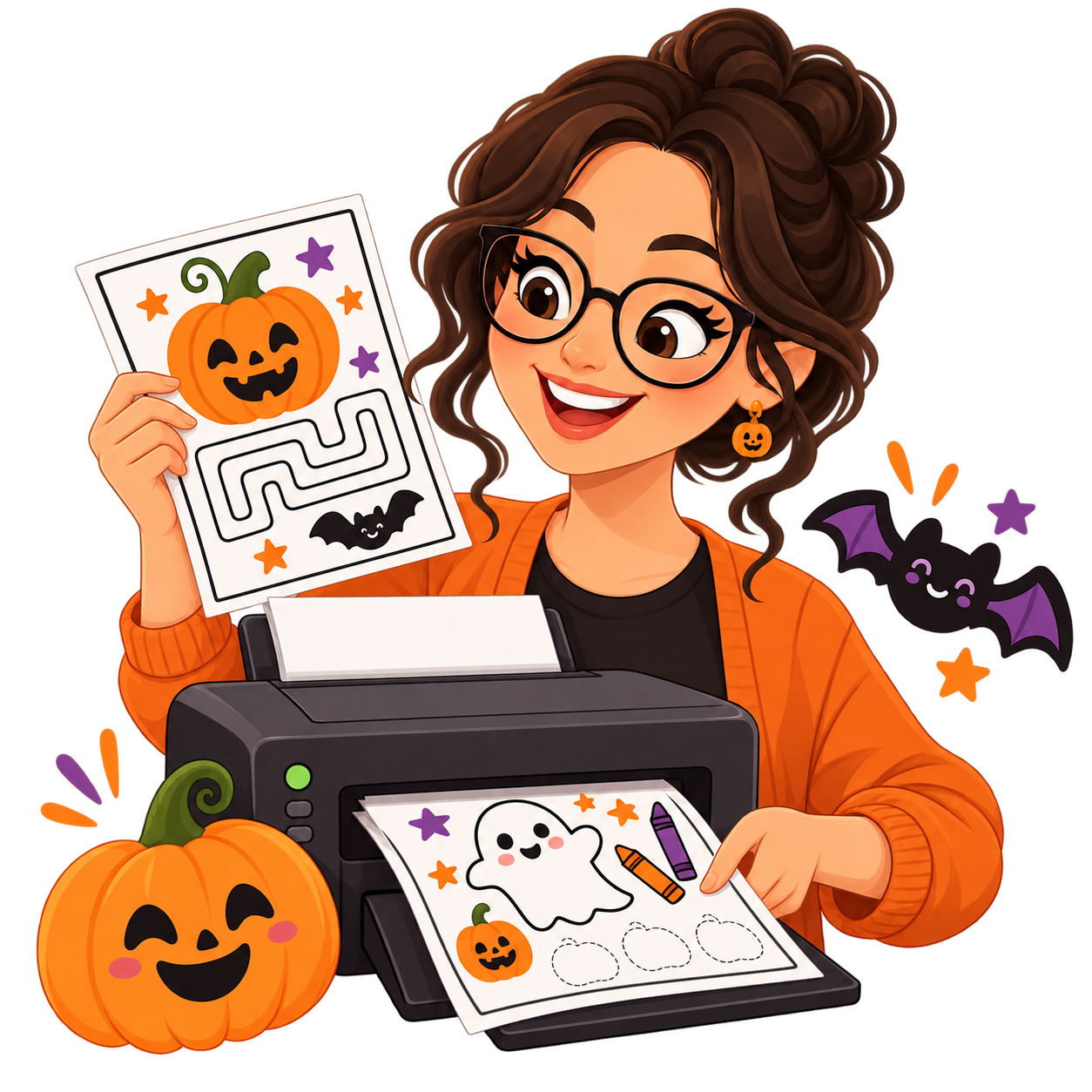 Educadora imprimindo atividades de Halloween